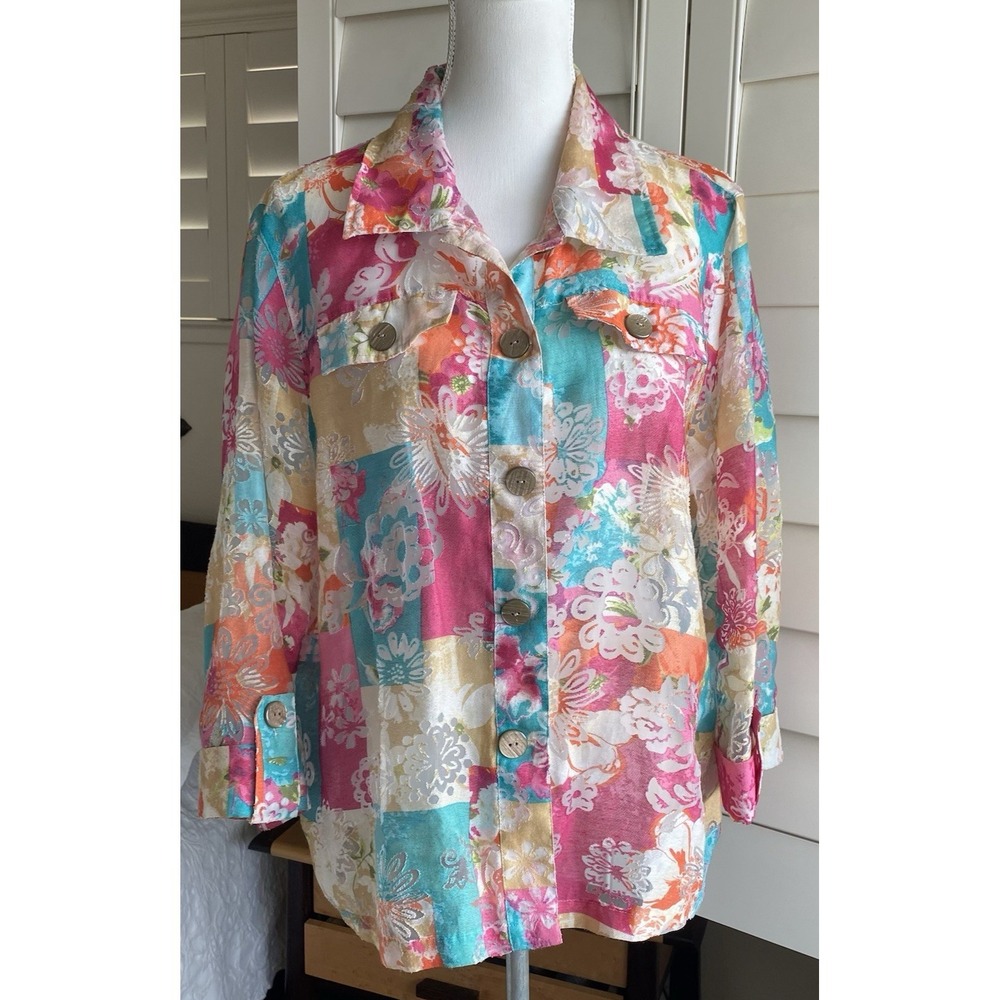 Draper's & Damon's Shirt Jacket 1X Floral Burnout Sheer Faux Patchwork button up